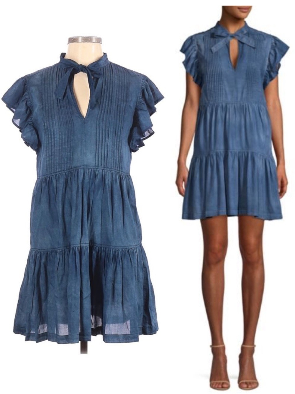 Rebecca Taylor La Vir Pleated Chambray Tie-Neck Dress - Picture 3 of 11